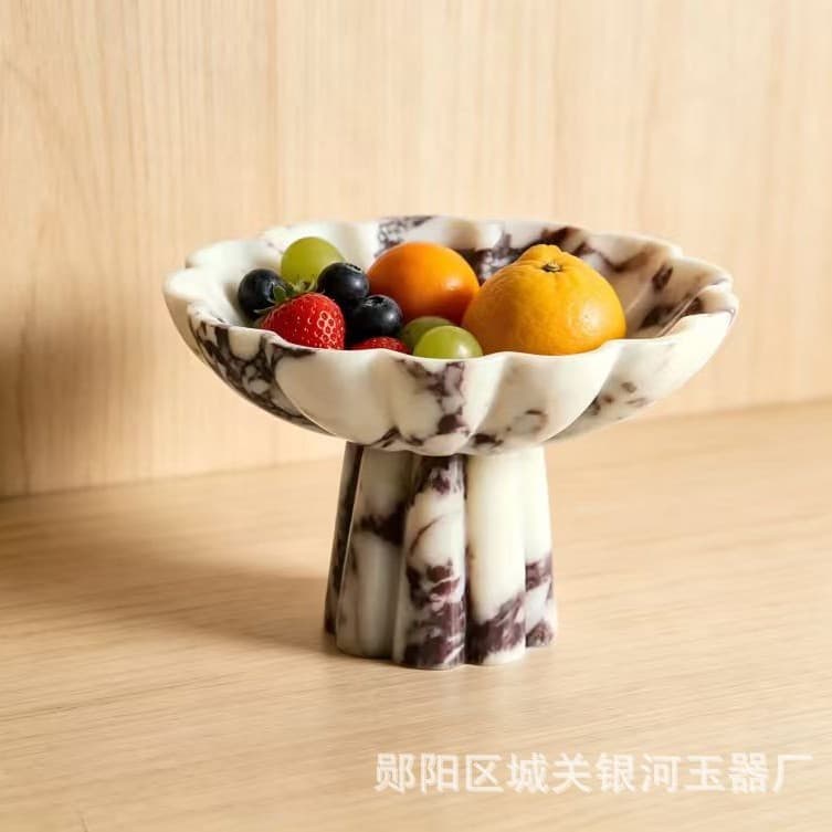 Luxury Bvlgari Purple Marble Pedestal Fruit Bowl Petal-Shaped Dried Fruit Tray Model Home Decorative Ornament