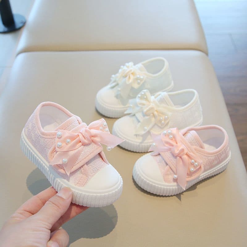 Girls' Canvas Shoes Spring/Autumn New Kindergarten Indoor Girls' Lace Pearl Princess Shoes Soft Sole Breathable Baby Shoes