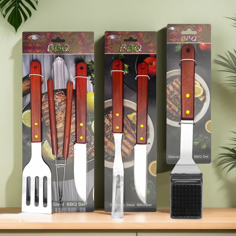 Manufacturer In-stock New Outdoor Camping Barbecue Three-Piece Set Wooden Handle Tied Card Stainless Steel BBQ Utensils