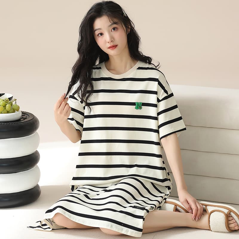 Cross-border Cotton Sleep Dress Women Summer Thin Round Neck Short Sleeve Pajama Loose Mid-Length Striped Nightwear