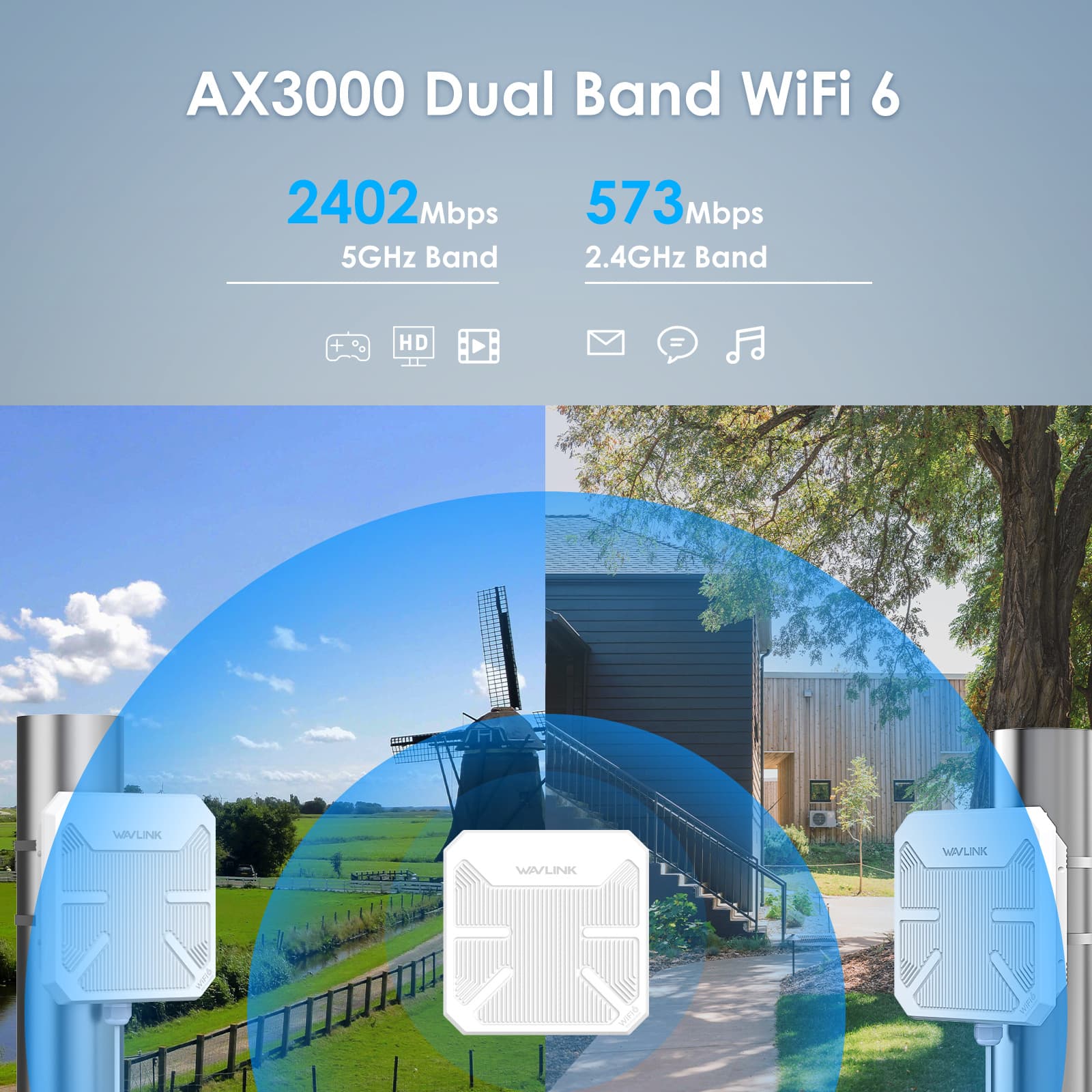 WAVLINK WiFi Range Extender Garage Yard AX3000 Outdoor Waterproof Lightning WiFi6 Repeater