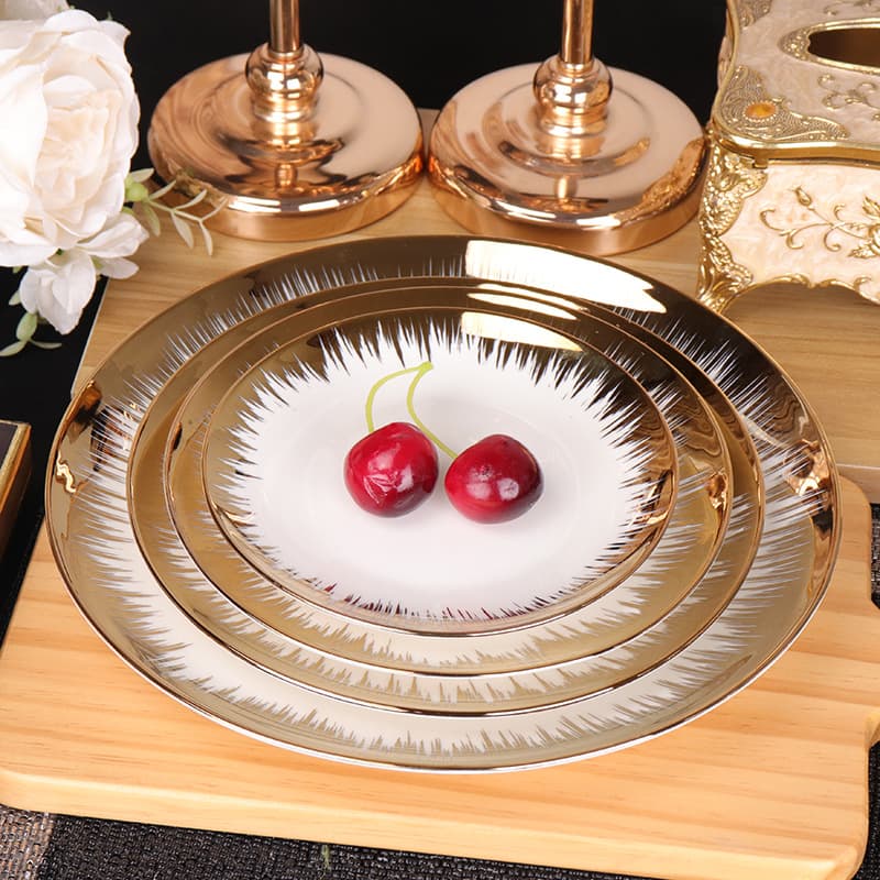 Gold-Plated Rim Ceramic Plate for Steak and Pasta, New Bone China with Gold Wire Rim, Ceramic Flat Plate, Shallow Plate, Moonlight Plate