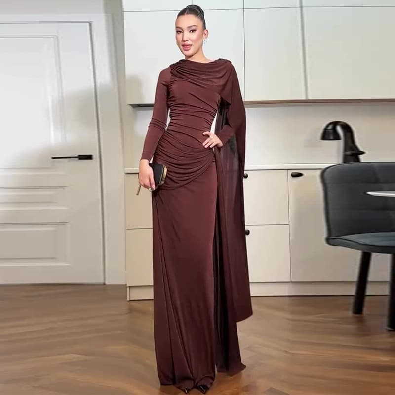 2025 Fall New European and American Amazon Cross-border Women's Dress Irregular Pleated Slim Fit Brown Waist-Length Long Skirt