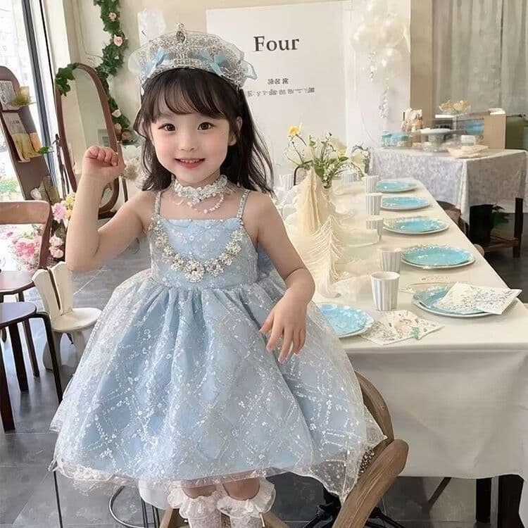 2026 Summer New Girl's Birthday Dress, Lolita Elsa Princess Puffy Strapless Dress Performance Costume