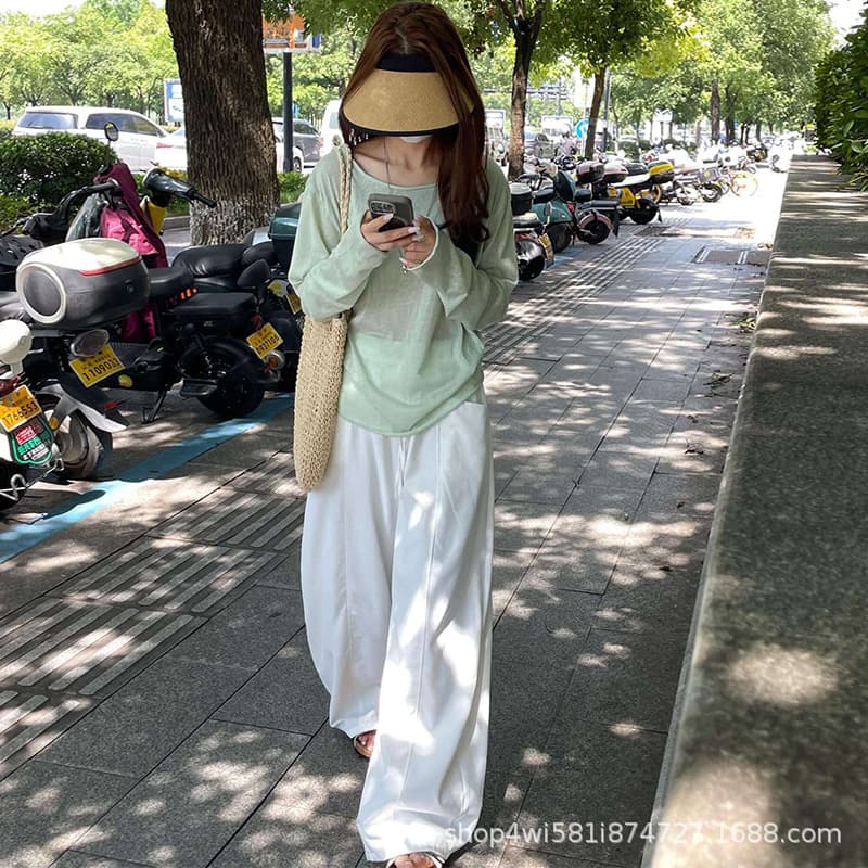 Women's White Quick-Dry Wide-Leg Pants, Summer Thin Style, Petite-Friendly, Ice Silk Cooling Air Conditioning Pants, High-Waist, Lazy Casual Curved Leg Pants
