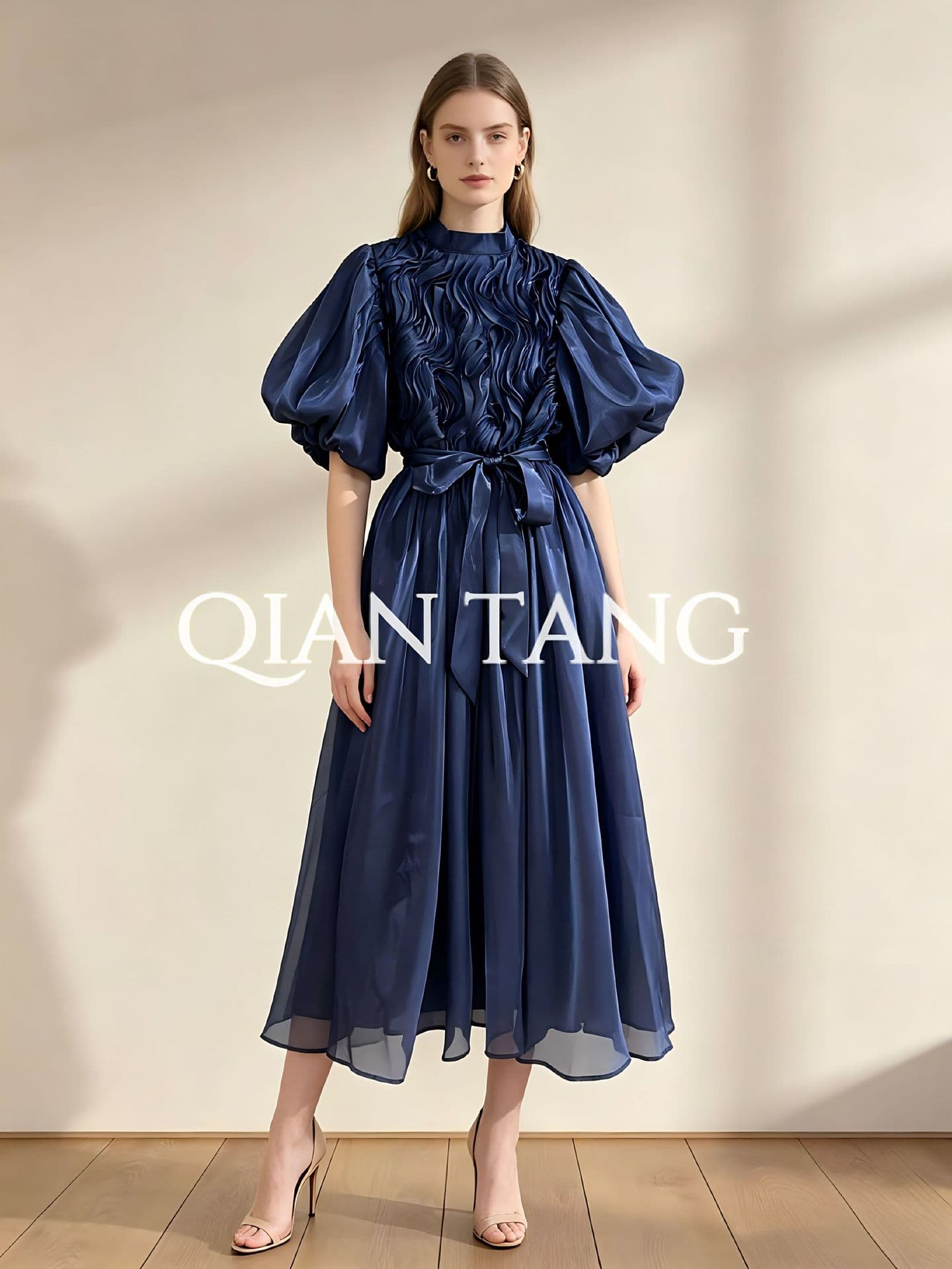 French retro banquet elegant women's puff sleeve lace-up waist dress ruffled new dress elegant