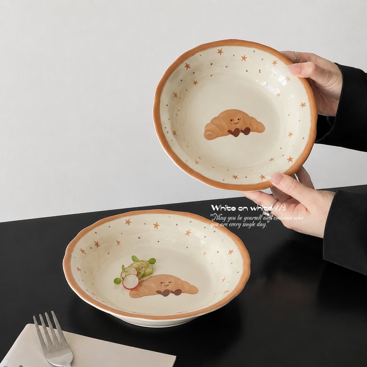 Vintage Star Croissant Scalloped Plate Ins Home Breakfast Salad Plate Cute Hand-painted Dessert Ceramic Deep Plate