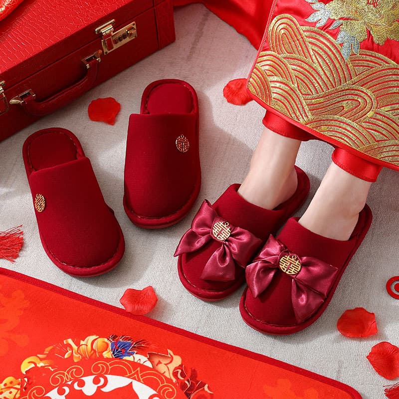 Wedding Slippers for Dowry, Festive Red Pair for Bride and Groom, Winter Indoor Home Use Wedding Celebration Newlywed Slippers