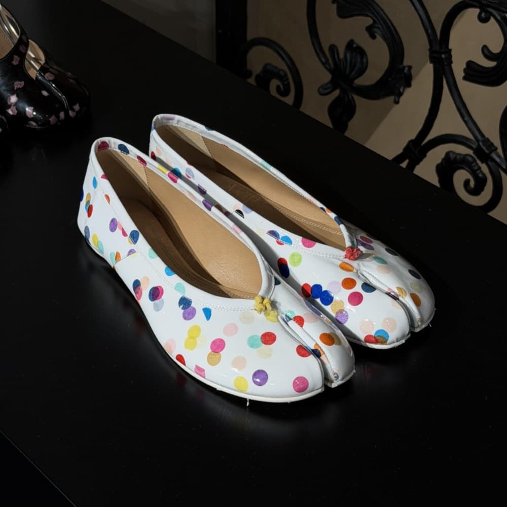 Cowhide Version~Polka Dot Pig Toe Split-Toe Ballet Flats Korean Style Versatile Ballet Flat Shoes Genuine Leather Shallow Mouth Mary Jane Flats