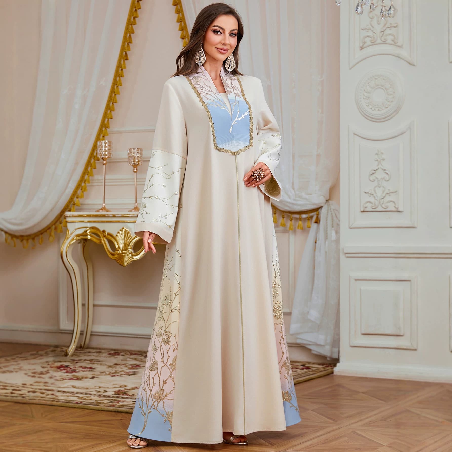 Elegant cross-border embroidered long robe for women, fashionable floral loose ethnic style dress, long sleeve evening gown