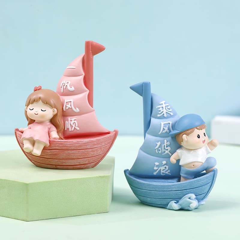 Sailing Boy and Girl Figurine - Smooth Sailing for Girls, Brave the Wind and Waves for Boys, Birthday Cake Decoration Resin Ornament