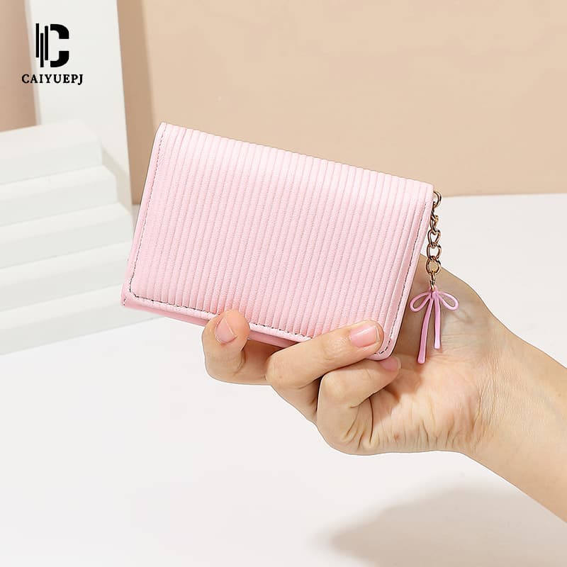 Small fresh Korean style short ins trendy wallet cute vertical stripes cross-border bow pendant women's tri-fold wallet