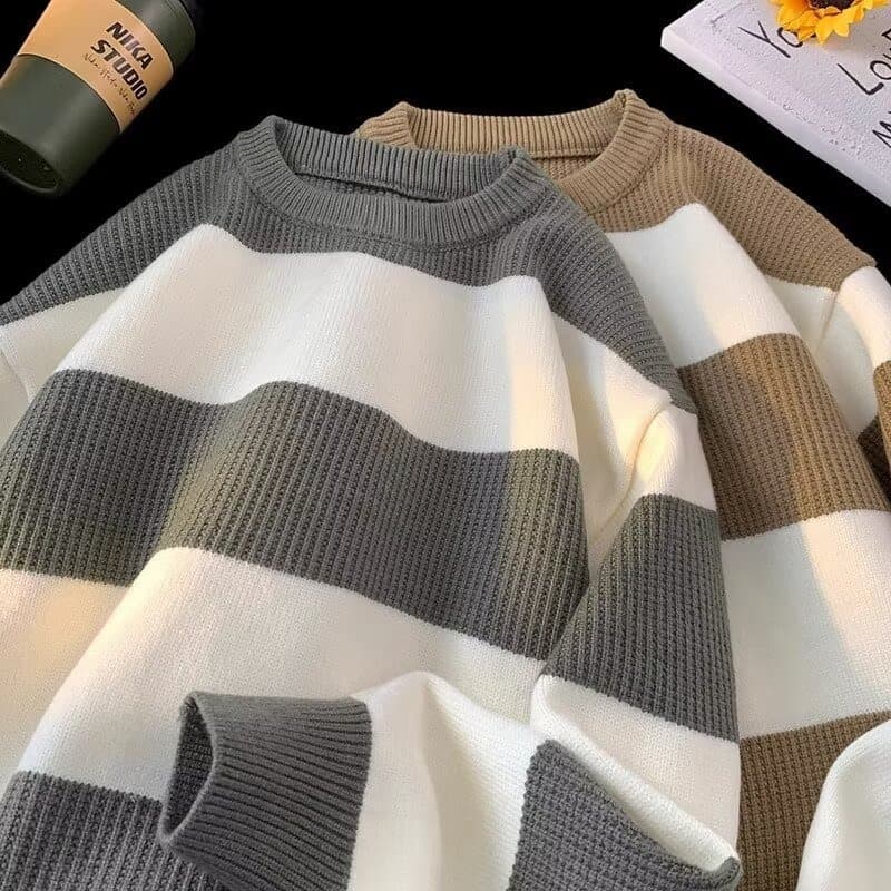 Striped crew neck sweater for men 2025 new autumn and winter fat mm large size loose lazy style pullover long-sleeved knitted top
