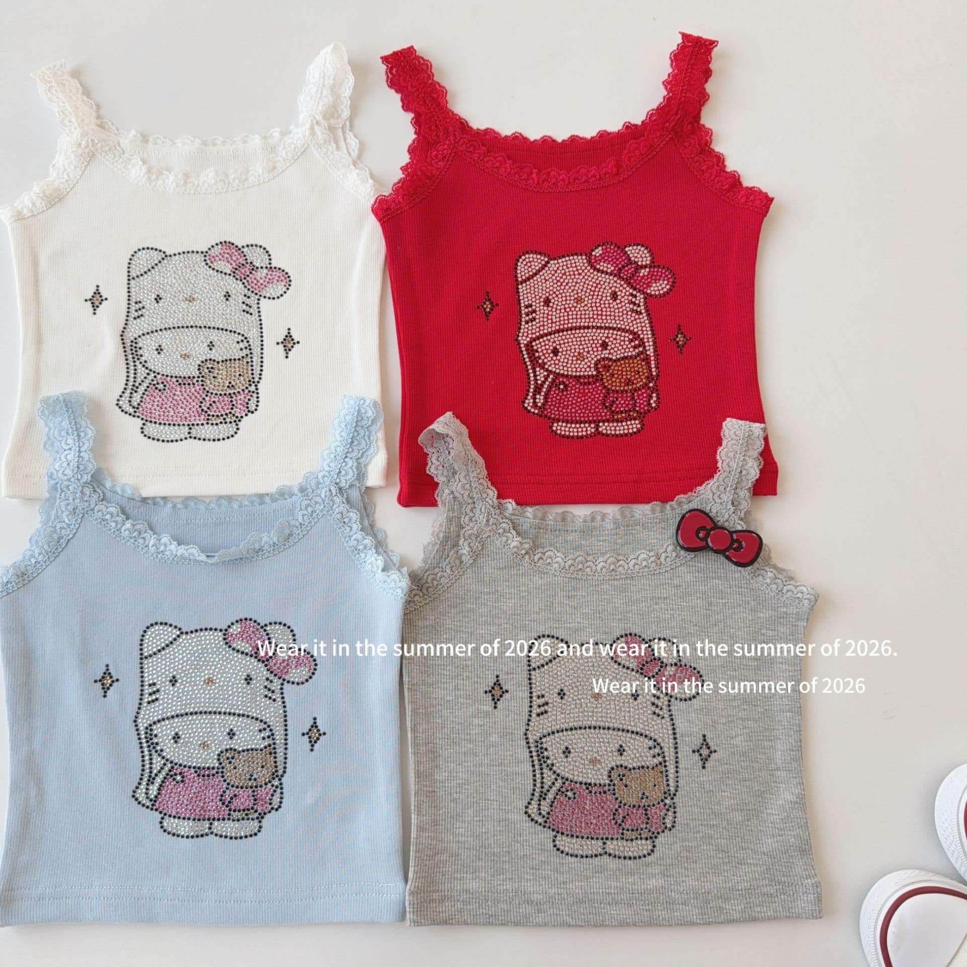 [Heavy Craft] Bling Girls 2026 Spring Summer New Rhinestone Cami Colorful Cute T-Shirt