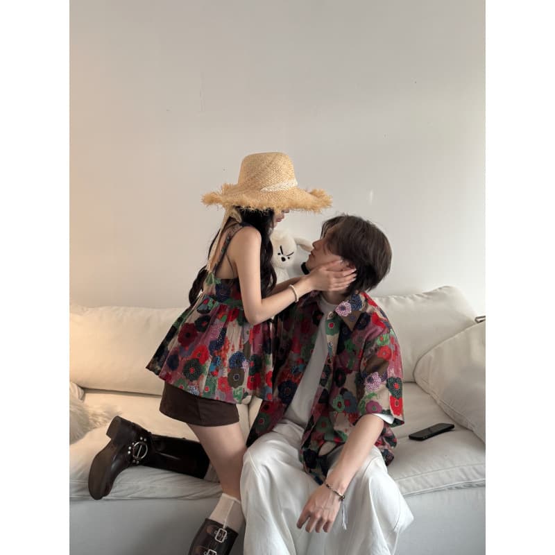 2025 Couple Outfits Summer Women's French Vintage Floral Print Camisole Dopamine Fashion Style Floral Print Tank Top