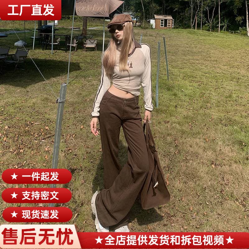 Wholesale Vintage American Retro Low-Rise Brown Flared Pants Slim Fit Slimming Autumn Winter Jeans for Women Long Length