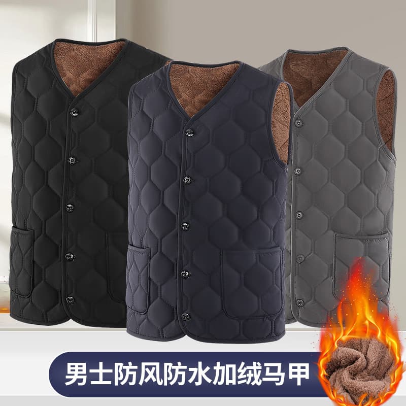 Elderly Men's Windproof Warm Vest Liner, Large Size Dad's Outfit Cotton Clothing Vest, Autumn and Winter Fleece-Lined Cotton Sleeveless Jacket