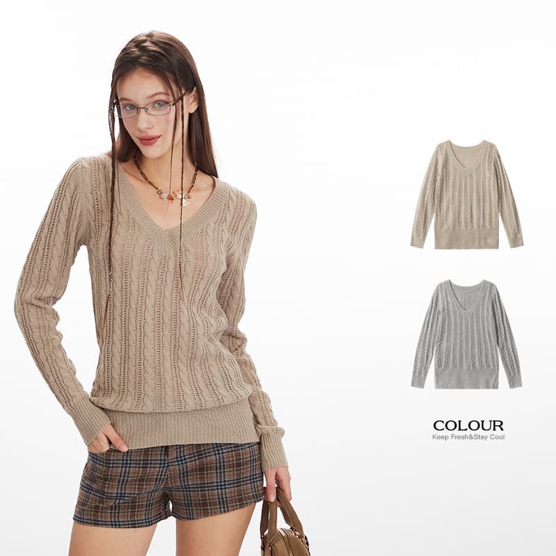 HeyHenry 2025 Fall/Winter Knitwear V-Neck Top Premium Relaxed Style Pullover Sweater Women Vintage Cable Knit
