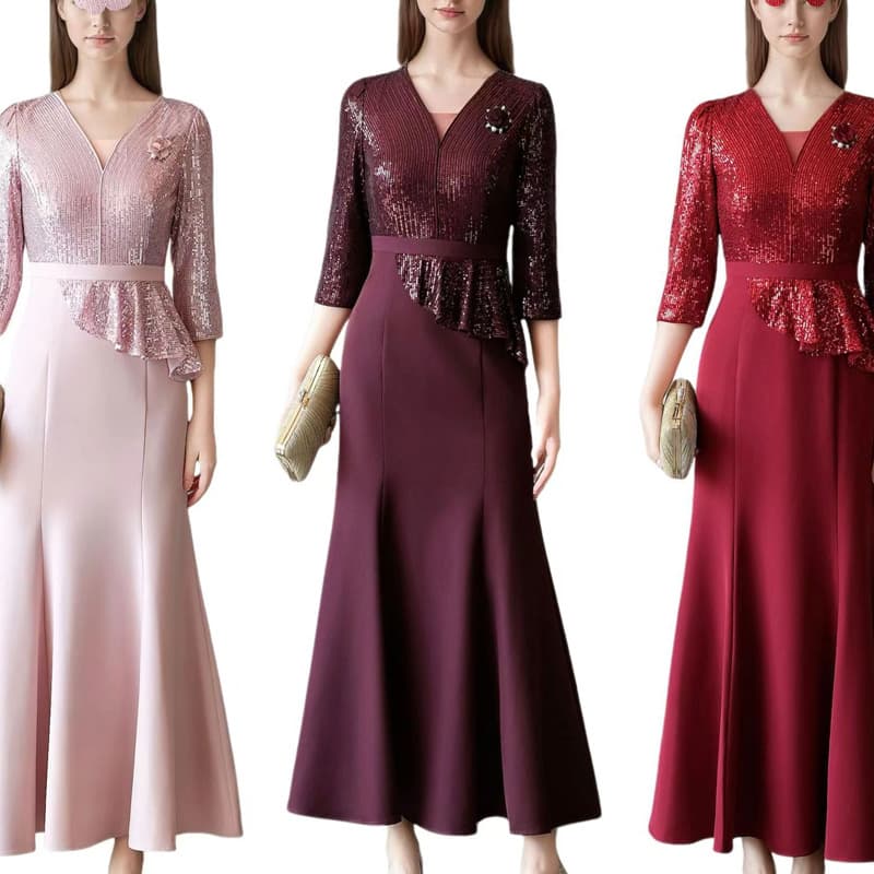 Cross-border Sequin Patchwork Dress V-Neck Three-Quarter Sleeve Elegant Plus Size Slimming Banquet Annual Party Dress M-6X