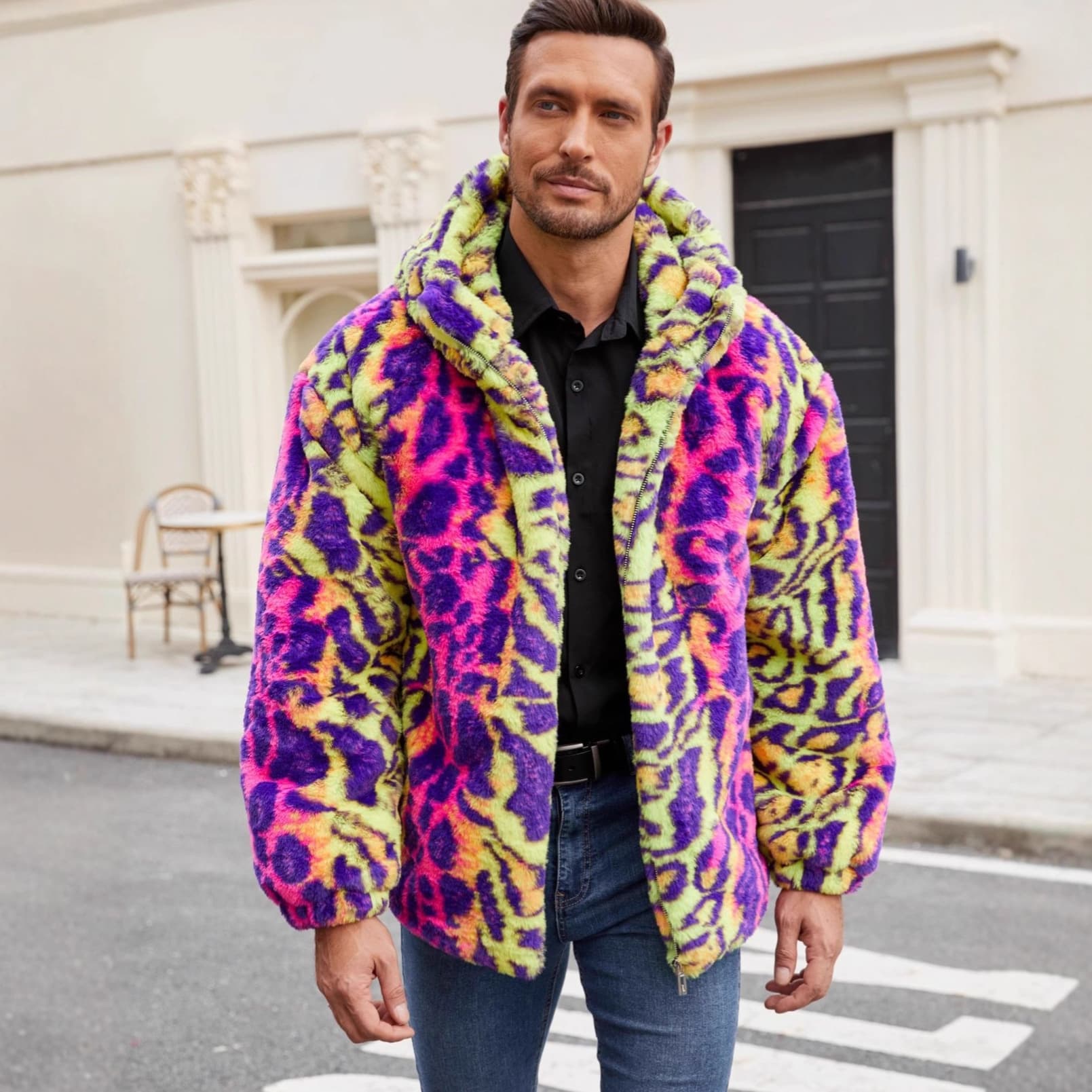 European and American Cross-Border Hot Style Men's Wear Faux Fur Colorful Leopard Print Coat Plush Color Block Warm Thickened Leopard Print Jacket
