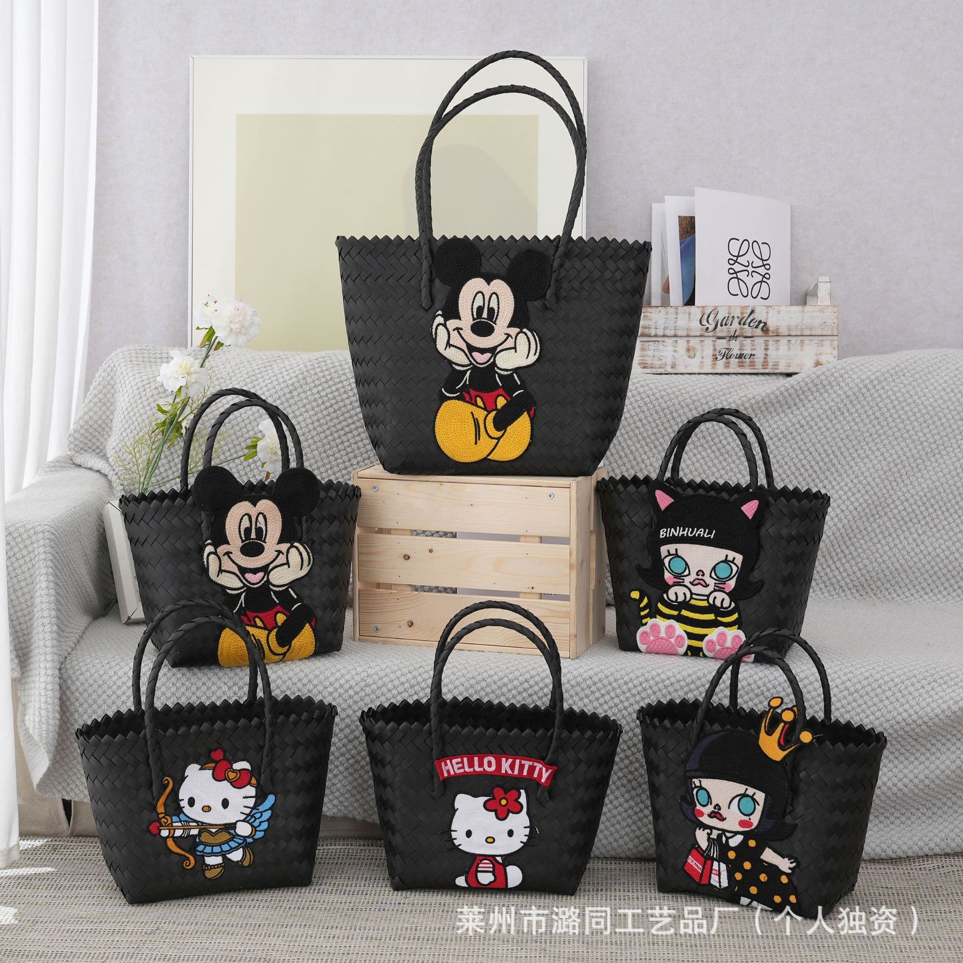 Summer Embroidered Mickey Woven Bag Handmade Large Capacity Beach Vacation Bag Casual Versatile Basket Bag Women