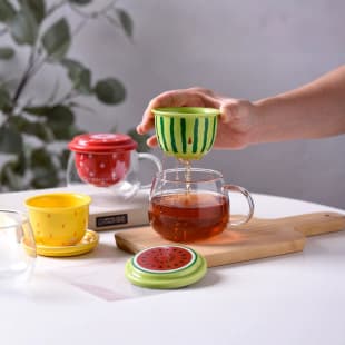 Flower Tea Cup, High Borosilicate Heat-Resistant Glass Cup, Watermelon Origami Crane Tea Filter, Strawberry Fruit Cup, Heat-Resistant with Lid Tea Strainer
