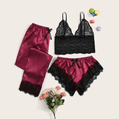 2020 Amazon Export Lingerie Burgundy Sexy Satin Three-Piece Set Women's Pajama Set