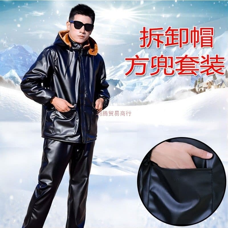 Winter ride-hailing leather jacket and pants suit, PU leather jacket for men, fleece-lined, thick cotton coat, windproof and waterproof.