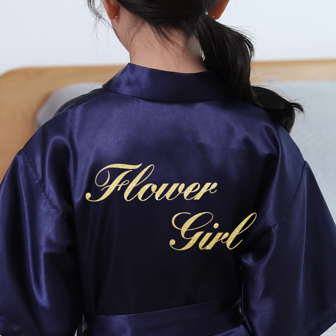 Children's gold-stamped solid color morning robe, flowergirl imitation silk nightgown, foreign trade satin bathrobe, Amazon kimono