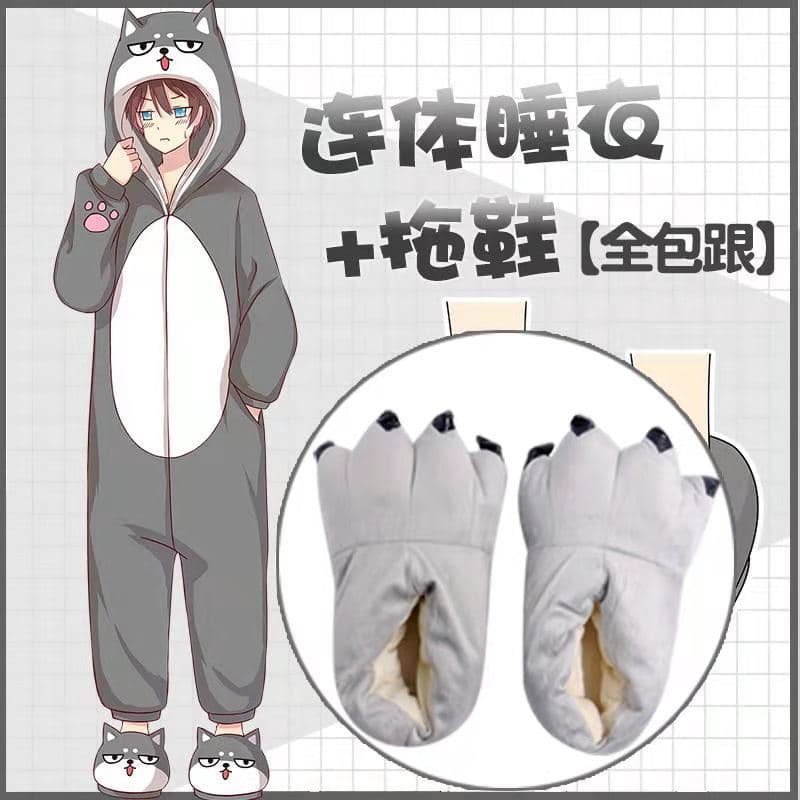 Cute and funny cartoon-themed husky and Shiba Inu onesie pajamas for autumn and winter, suitable for cosplay, anime, and Corgi loungewear with hood.