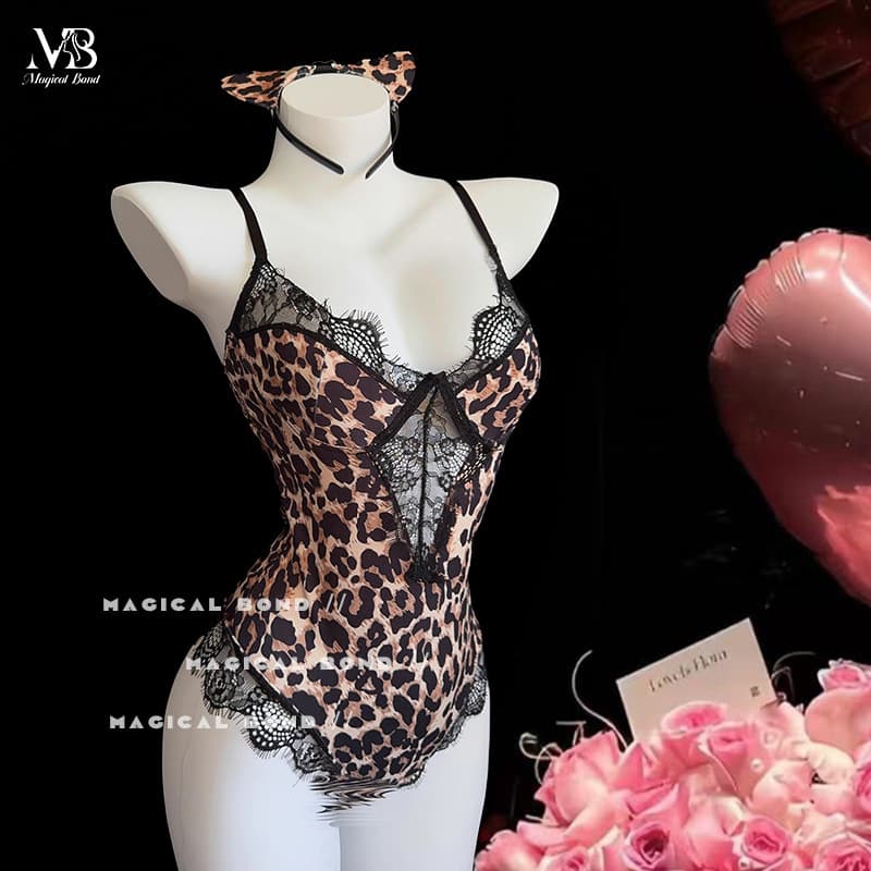 Sexy lace leopard print patchwork open crotch lingerie bodysuit, alluring and seductive, perfect for casual wear.