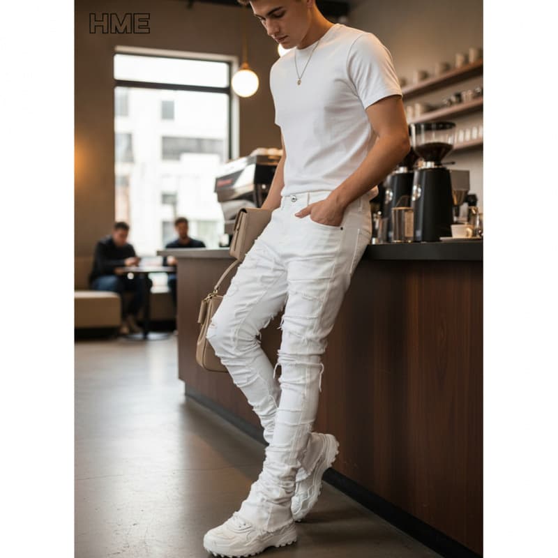 Overseas European and American men's trousers white stacked raw edge jeans men's multi-layer tear patch slim fit trousers foreign trade