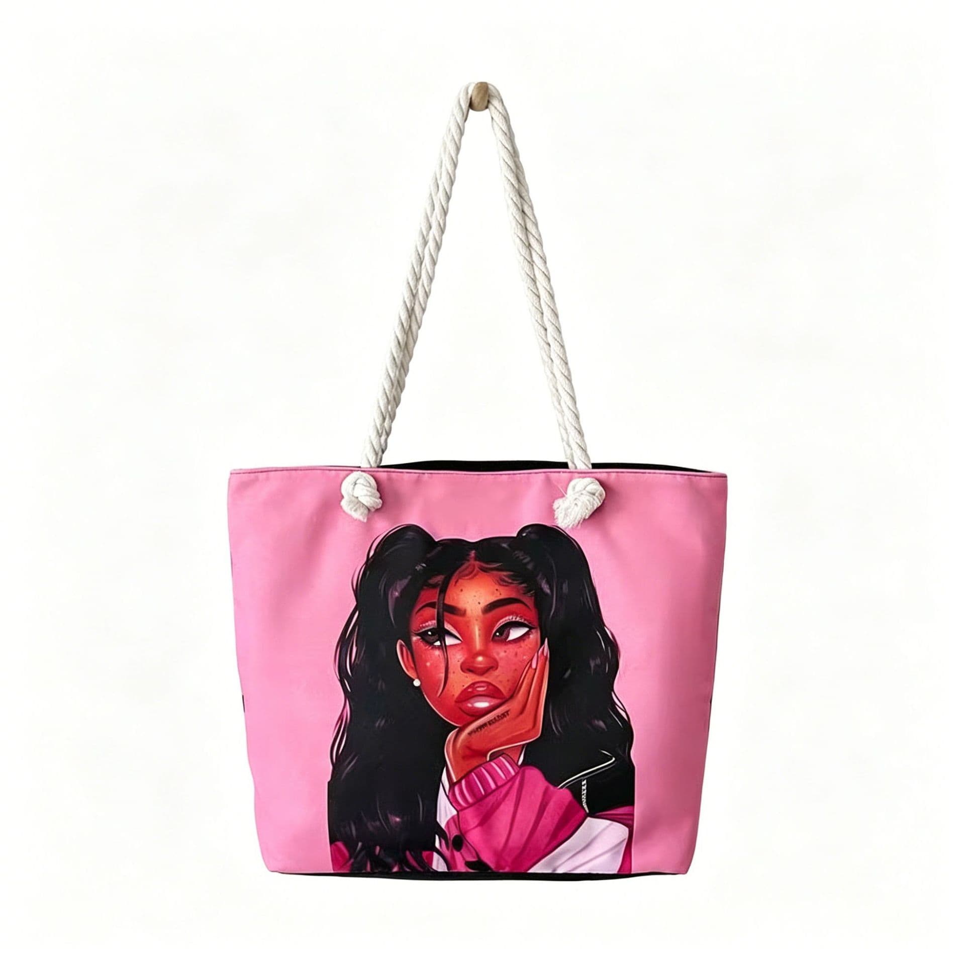 Pink Printed Tote Bag for Women, Large Capacity Shoulder Bag, Fashionable Cartoon Handbag, Trendy Canvas Bag