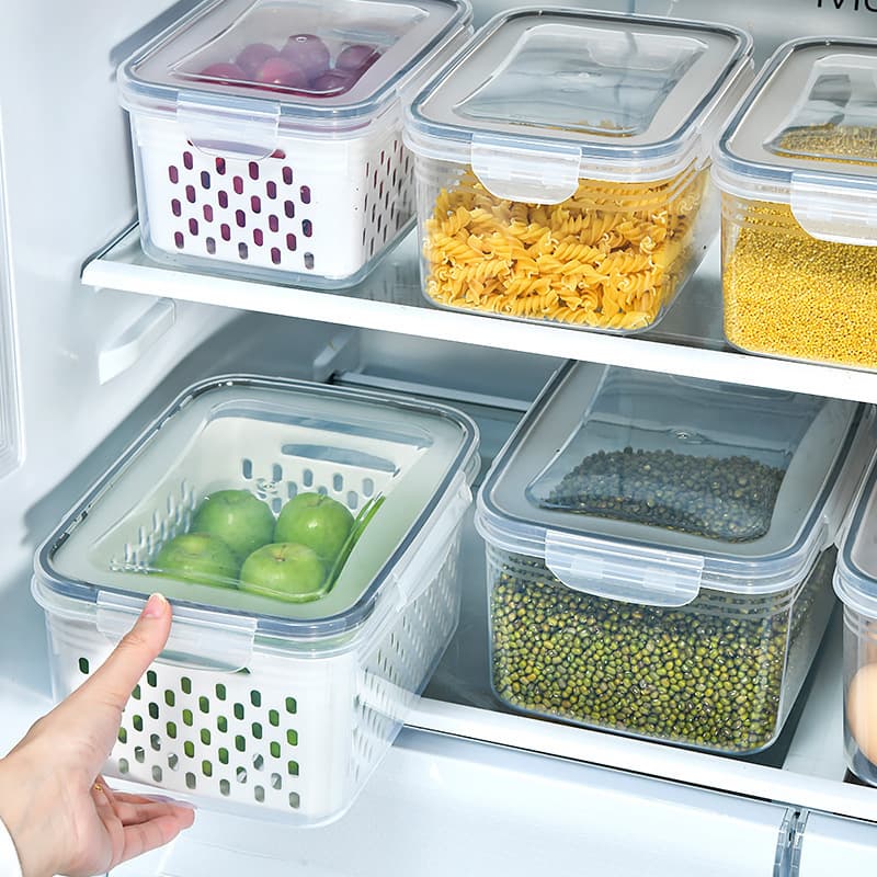 Double Layer Drain Basket Freshness Preservation Box Food Grade Sealed Box Fridge Frozen Meat Storage Box Rectangular Plastic Container