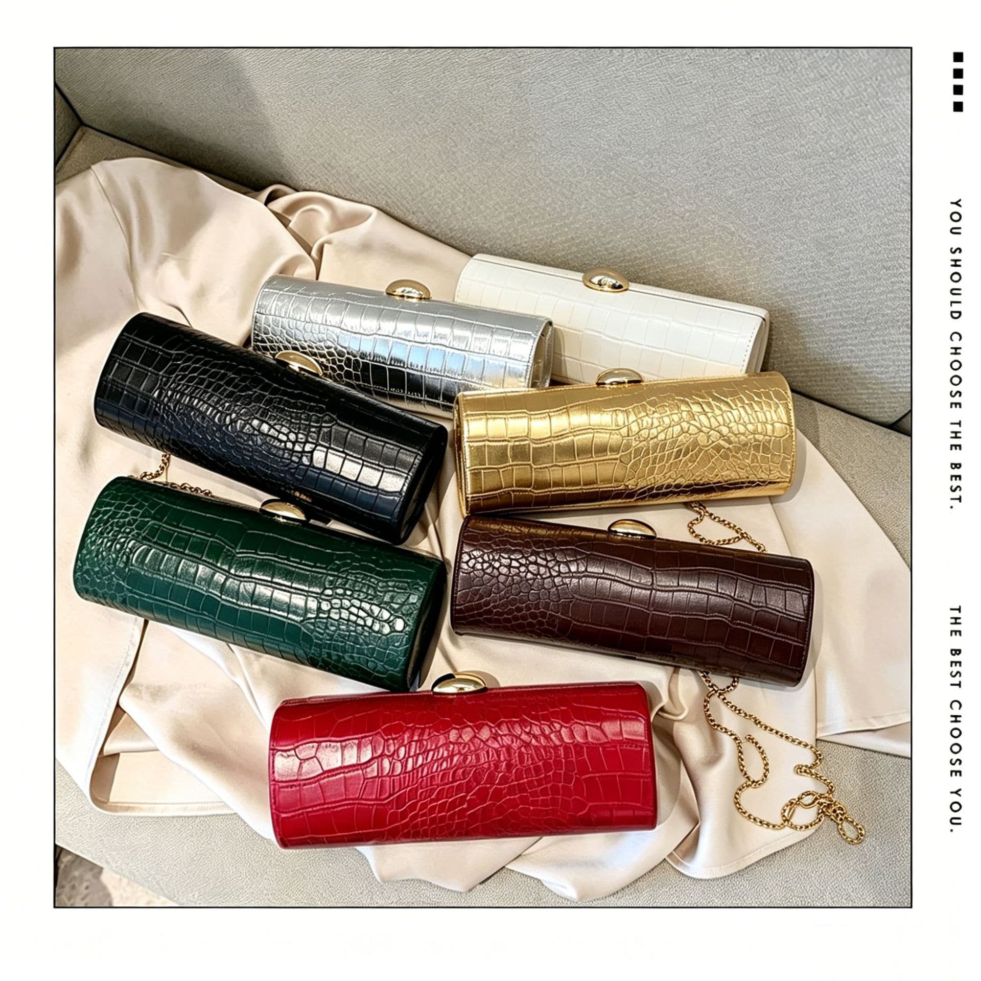 Warm Brown Crocodile Pattern Long Handle Bag Vintage Motorcycle Date Party Shape Bag Polyester Lining Hard PU Exterior