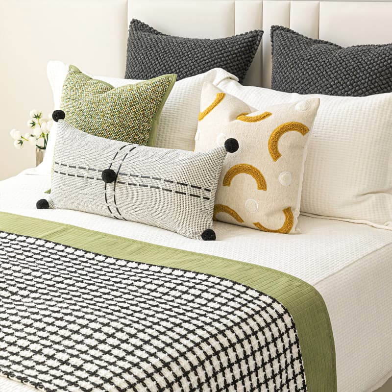 Modern Minimalist Children's Room Green Bedding Set with Bed Runner, Pillows, and Throws