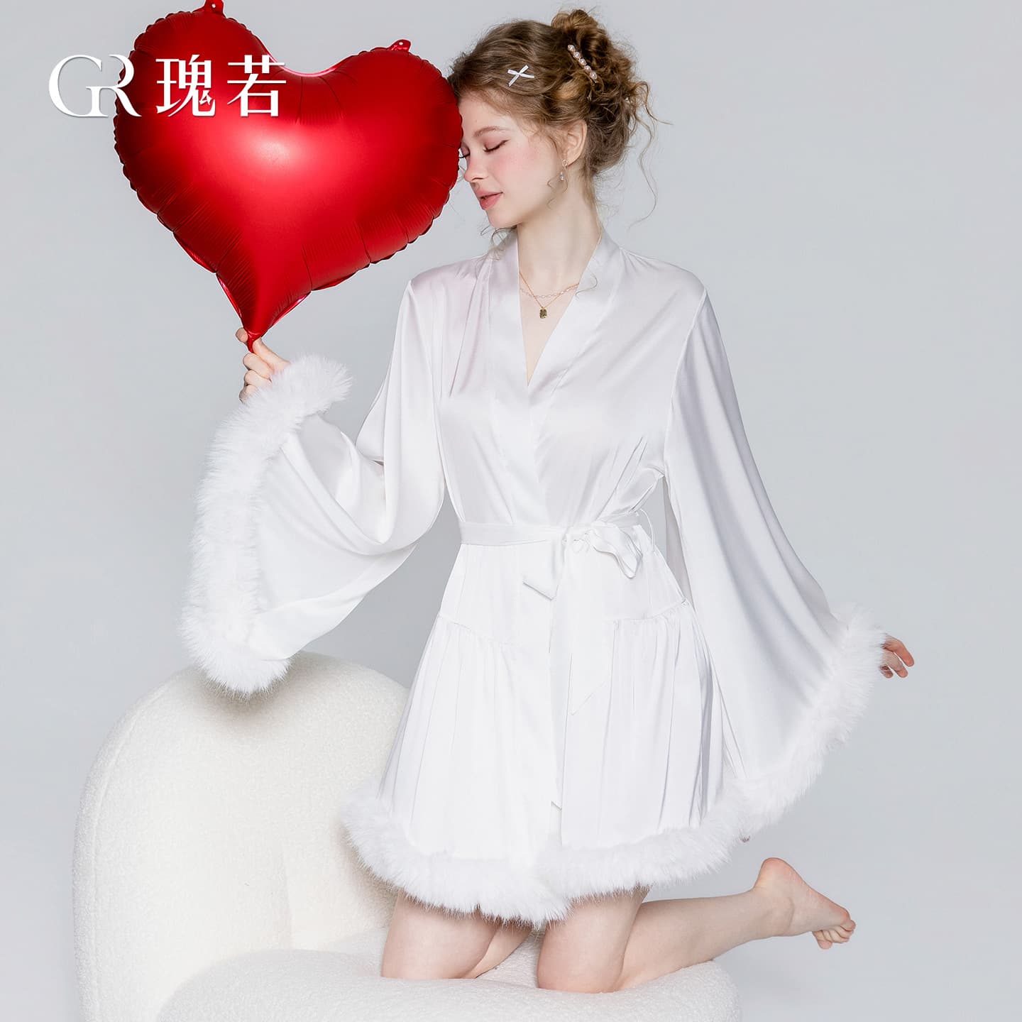 DZ Smooth Satin Flared Sleeve Plush Patch Loose Comfortable Waist-Tie Open-Front Robe Sleepwear 7165