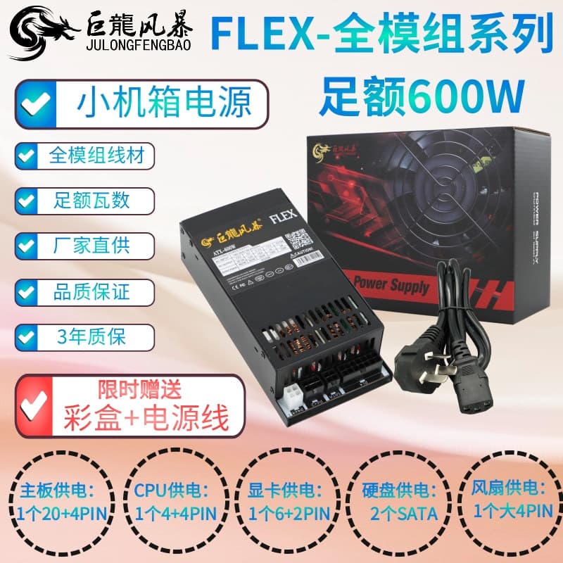 Dragon Storm FLEX Series Small 1U Fully Modular Rated 600W Case Power Supply All-in-One Silent, Peak 750W
