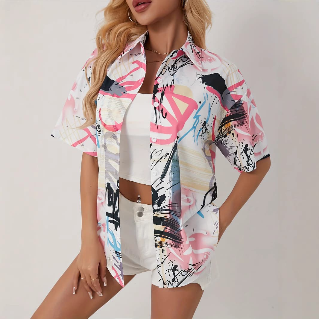 Women's Active Sports Graffiti Digital Print Button-Down Shirt Breathable Sun Protection Short Sleeve Blouse with Collar DZ