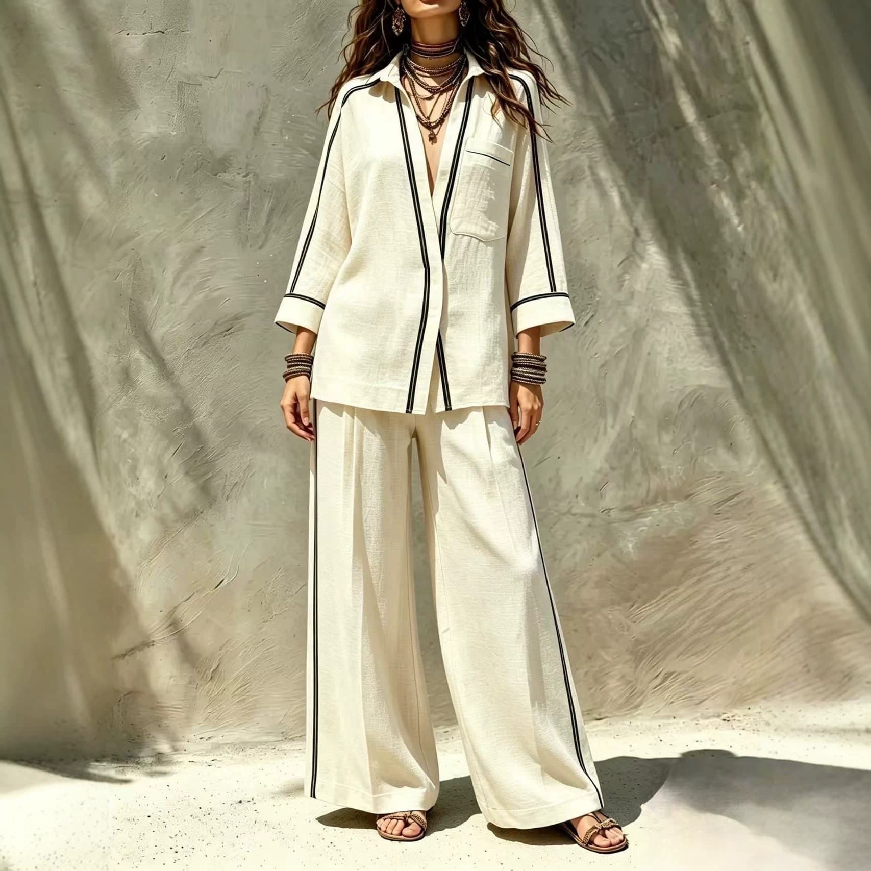 2026 Cross-Border Fall/Winter Women's Set Contrast Print Shirt and Wide-Leg Pants Two-Piece Vacation Casual Women's Clothing
