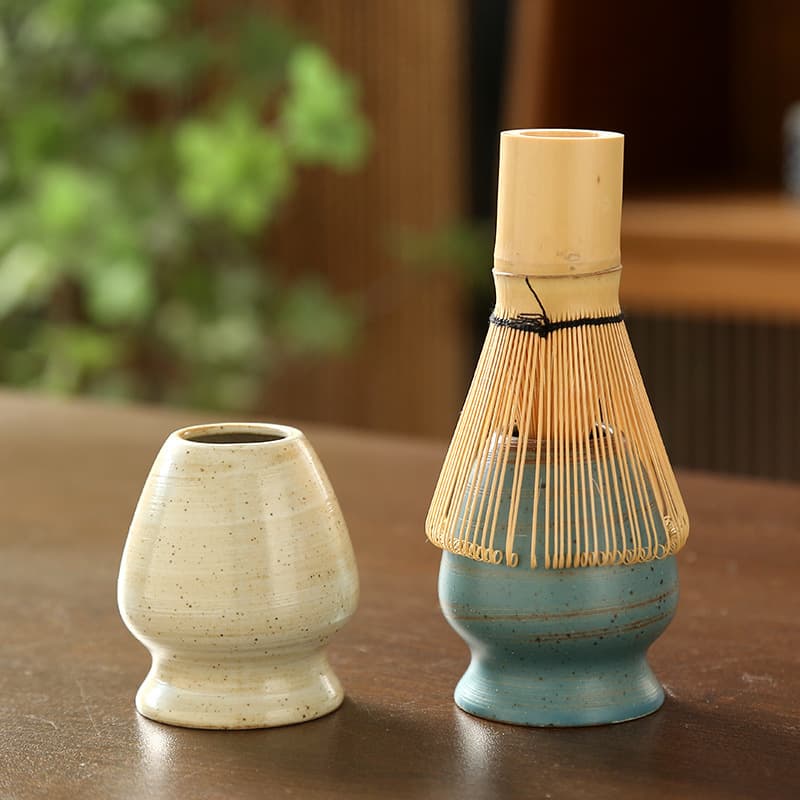 Matcha bowl set with matcha whisk, Japanese tea ceremony bowl, powder bowl, stirrer, and chasen stand