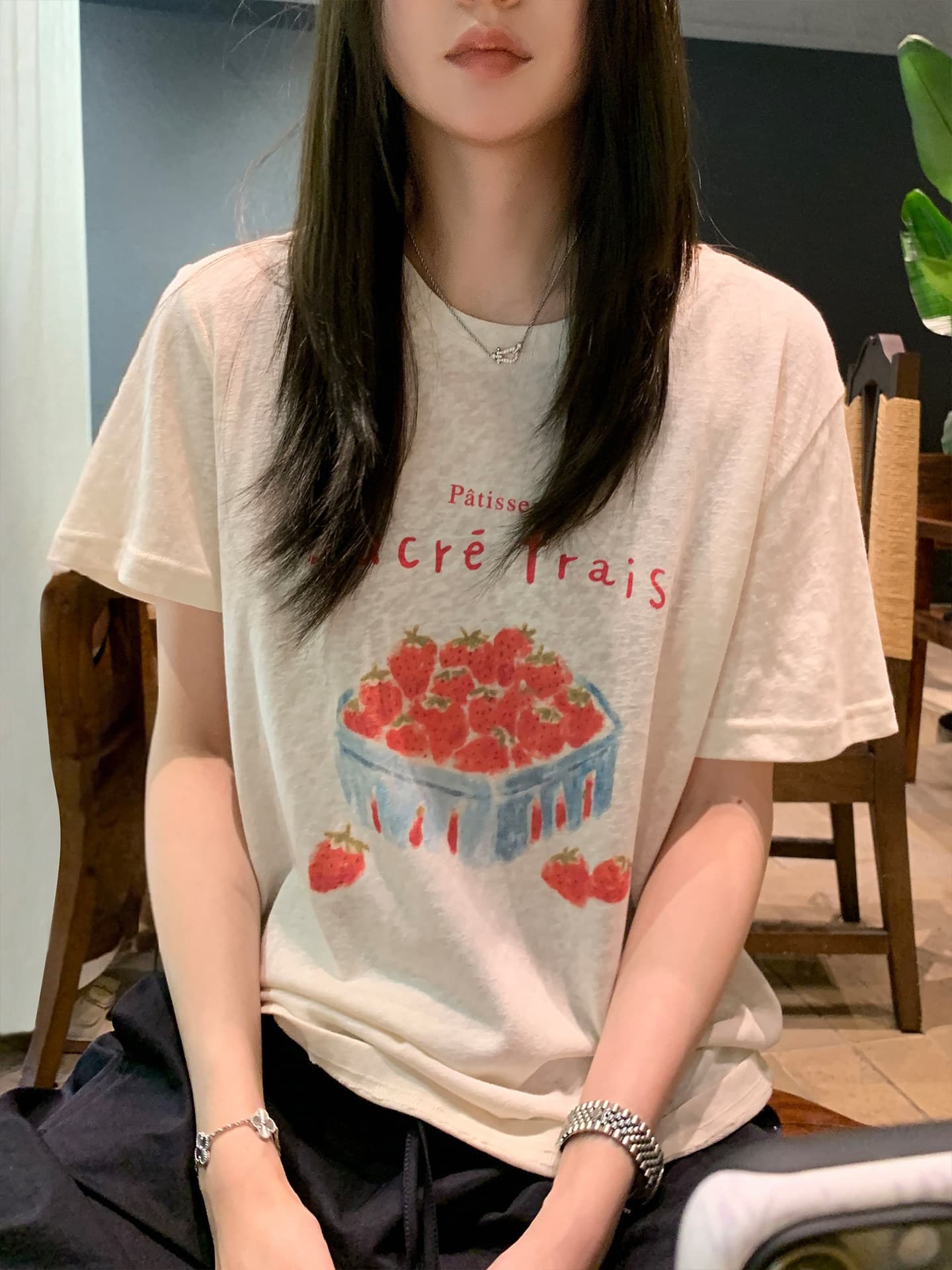 4561# A Yi Natural Fresh Strawberry Print Short Sleeve T-Shirt Casual Slightly Sheer Loose Relaxed White Top
