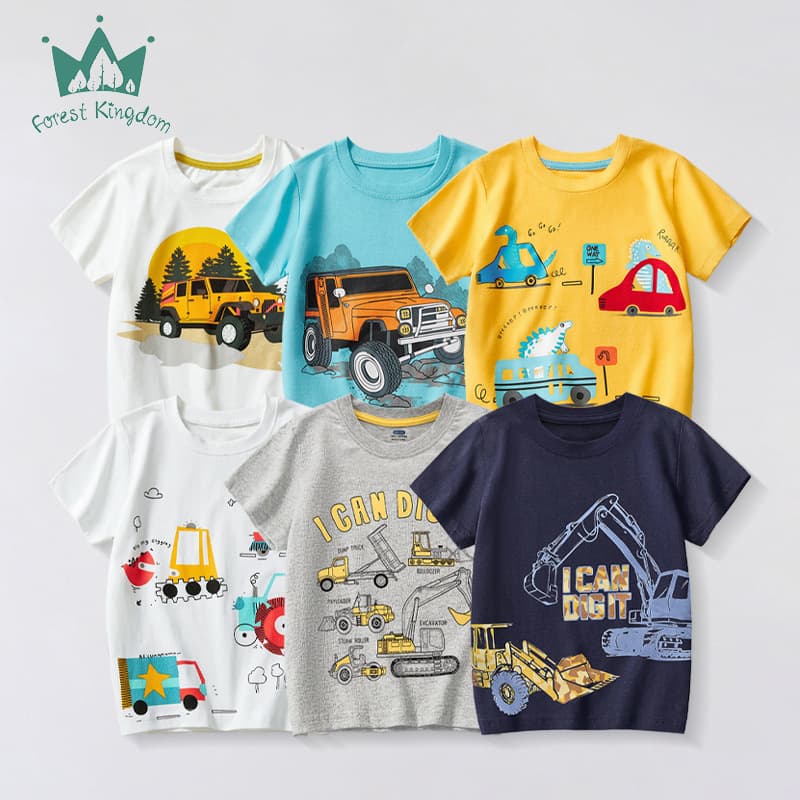 2025 Summer Kids Cartoon Excavator Short Sleeve Cotton T-Shirt Boys Fashion Trendy Short Sleeve Top for Toddlers and Children
