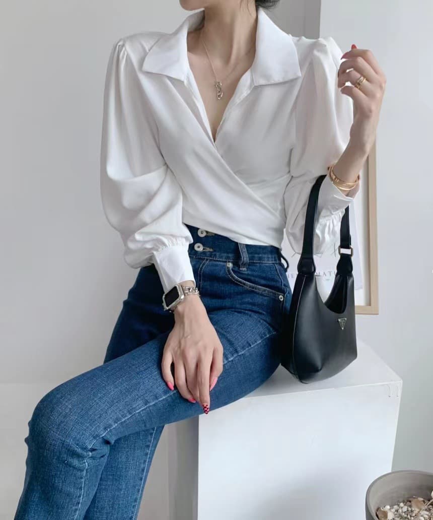 Hong Kong Style Niche High-End Cross V-Neck Shirt Women's Niche New Feminine Waist Professional Workwear Top