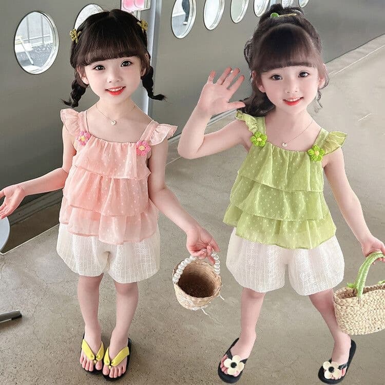 Girls suit summer dress princess fashionable outer wear summer girl floral two-piece set super cute baby clothes internet celebrity suit