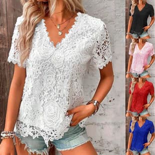 Independent Site Amazon 2024 Summer New Arrival Hot Selling V-Neck Elegant Lace Top Short Sleeve T-Shirt