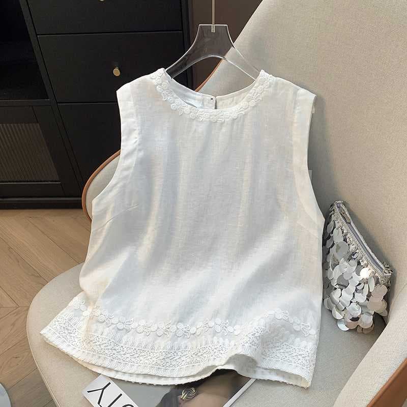Korean Style Sleeveless Linen Vest Women 2025 Summer New Fashion Heavy Embroidery Round Neck Vest Shirt Top