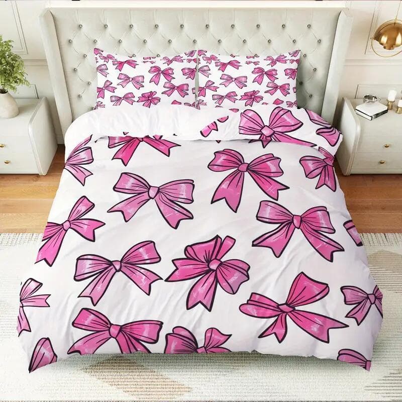 Overseas Home Textile Cross-border Bedding 3-Piece Set Pink Bow Cartoon Digital Print Duvet Cover and Pillowcase Bedding