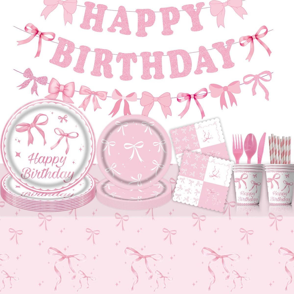 Amazon pink bow theme birthday party tableware decorations disposable paper plates paper cups banner pull flag