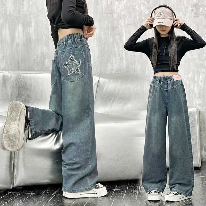 Girls' Pants Spring Autumn 2025 New Trendy Children's Wide-Leg Jeans Older Kids Long Pants Fall Girls Straight-Leg Pants